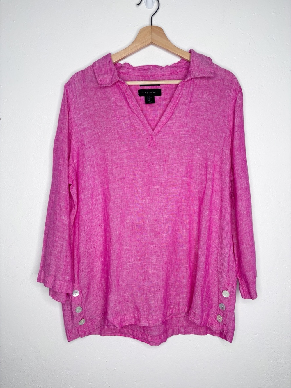 Tahari Pink 100% Linen Button Side 3/4 Sleeve Popover Tunic Top Size XL EUC